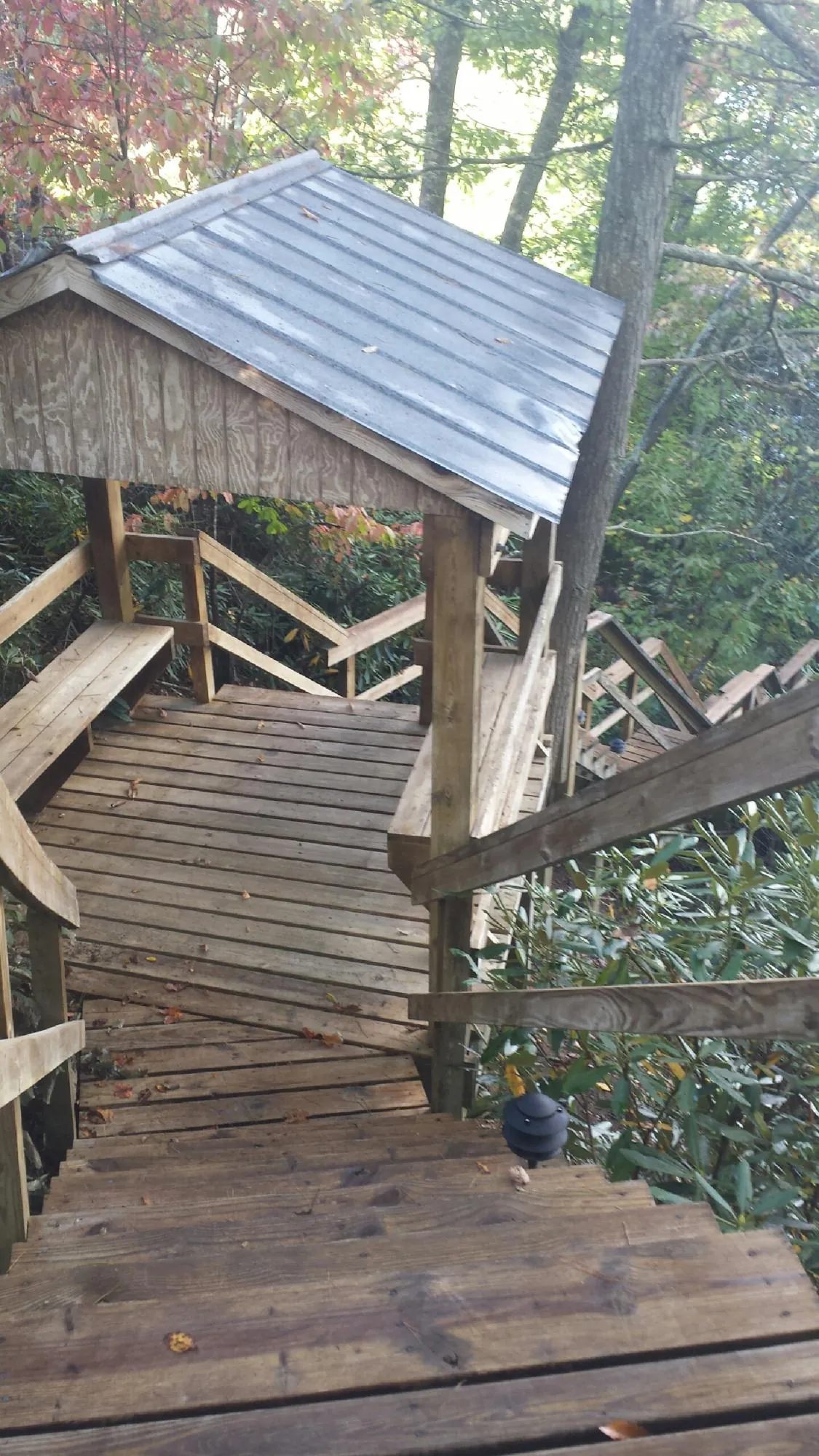 Metal roofed shelter over wooden steps on a wooded walkway — Skylight Repair & Installation work by our crew in Linwood